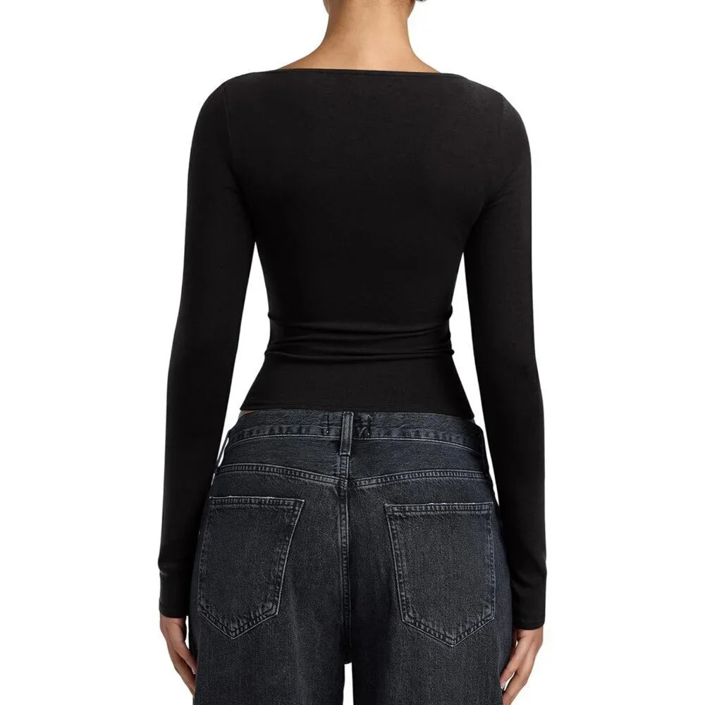 Women's Long Sleeve Boat Neck Top Slim Fit Business Casual Versatile Shirt